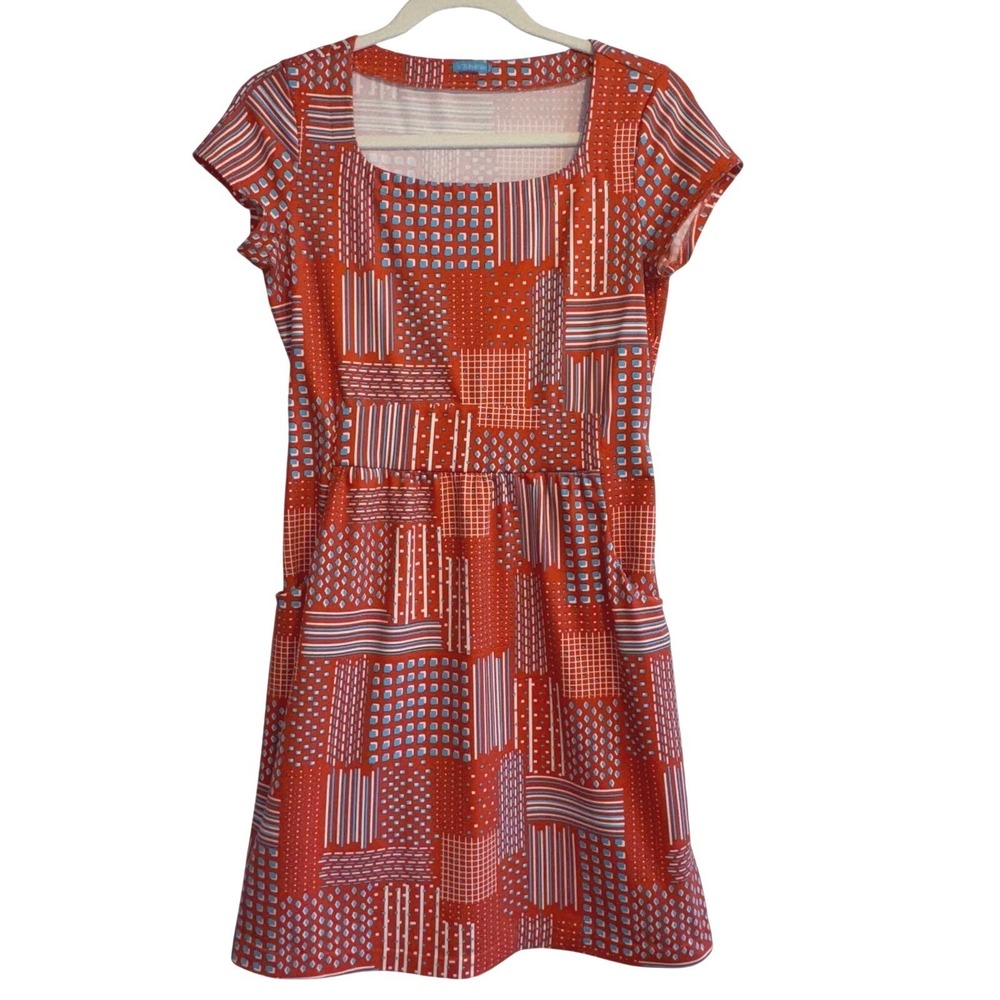 J.McLaughlin Dress Geometric Patchwork Orange Blue oSmall Square Neck Pockets